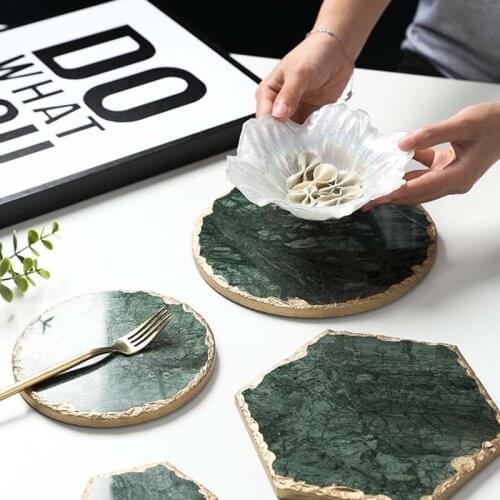 Green round natural marble painted golden table mat coasters creative insulation mat