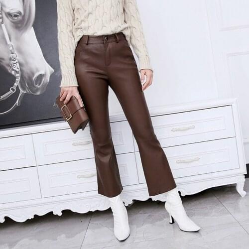 Spring Autumn Coffee Real Genuine Leather Pant High Waisted Womens Culottes Casual Bodycon Sexy Party Flare Pants Office Clothes