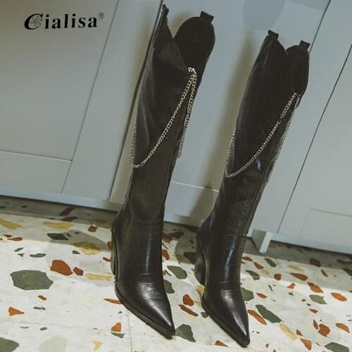 CIALISA Riding Boot For Women Knee High Shoes Genuine Leather Tube Autumn Winter Knight Thick Heel Boot Women