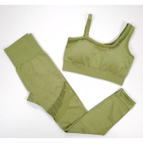 Women Seamless Yoga Set Gym Clothing Sportswear Hollow Out Yoga Leggings Padded One Shoulder Sport Bra Workout Clothes Sport Set