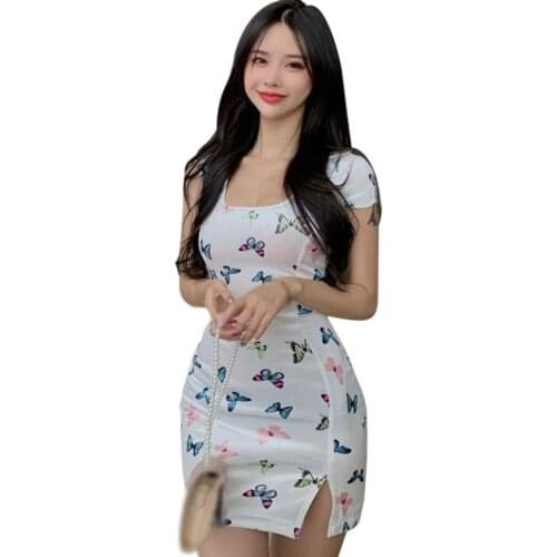 Womens Fashion Butterfly Dress Print V Neck Sexy Slim Short Sleeves Sexy Bodycon Mini Vestidos