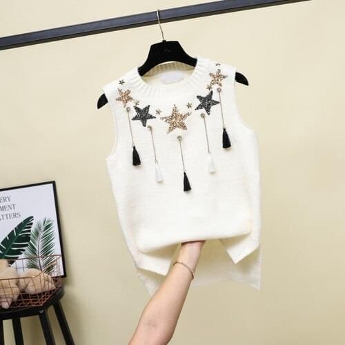 Vest Sweater 2021 Spring New Korean Style Diamond Studded Tassel Round Neck Sleeveless Knitted Waistcoat All-Match Top