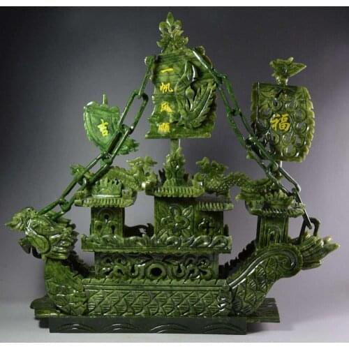 38cm Large Chinese Hand Carved 100% Natural Jade Dragon Incense statue Dragon Boat NT