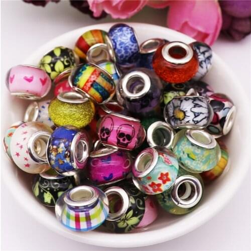 50pcs Mixed color big hole round loose plastic resin murano spacer beads charms fit pandora bracelet DIY bead for jewelry making