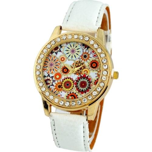 Gnova Platinum Golden Women Watch Rhinestone Indian Flowers Fashion Quartz Wristwatch 60s hippie vintage retro clock femme