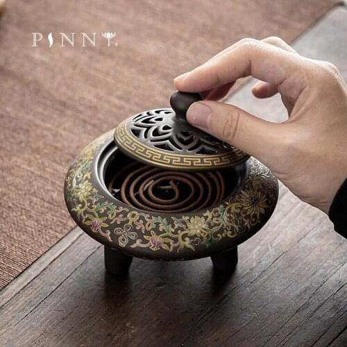 PINNY Enamel Ceramic Incense Burner Cloisonne Coil Incense Base Tea Ceremony Accessories Large Sandalwood Censer