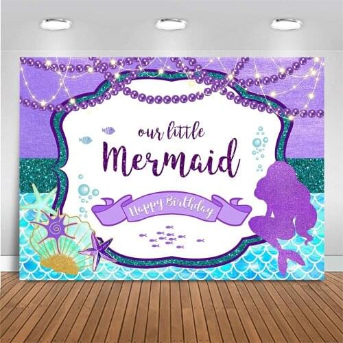 Mocsicka Our Little Mermaid Happy Birthday Backdrop Photography Glitter Seabed Shell Starfish Banner Background for Photo Studio