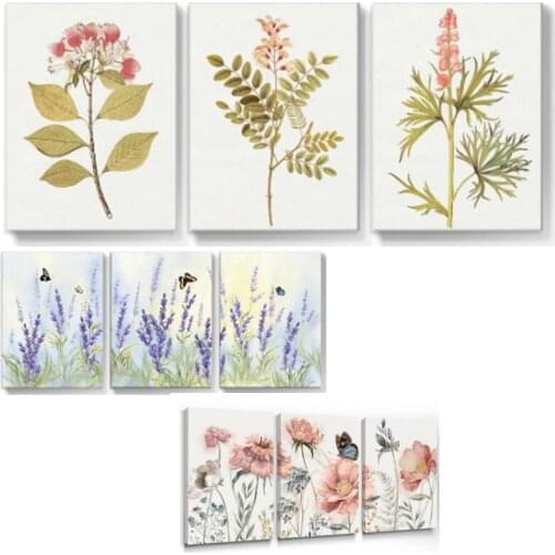 Pink Flower Butterfly Canvas Painting Bathroom Botanical Poster Decorative Wall Art Picture for Farmhouse Bedroom Living Room