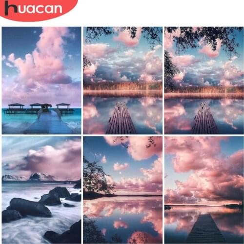 HUACAN Full Square/Round Diamond Painting River Landscape Wall Decoration Diamond Mosaic Boat Handmade Gift