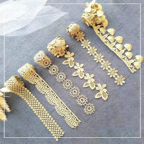 Gold Embroidery Lace 3D Flower Scalloped Applique Soft Tulle Flower Embroidery Trims Dress Lace 29CM