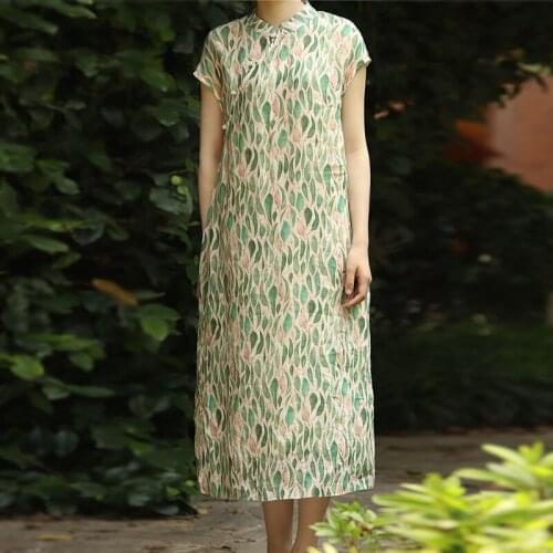 FairyNatural Ladies Retro Ramie Summer Dresses Garment Sleeves Cheongsam Female Print Floral Chinese Style Dresses Stand Collar