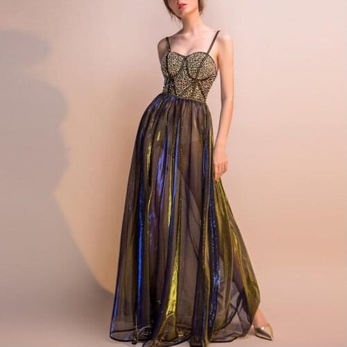 Fashion perspective sequins beading sling bra elegant cheongsam dress female host meeting banquet beatiful dress factory wq1838