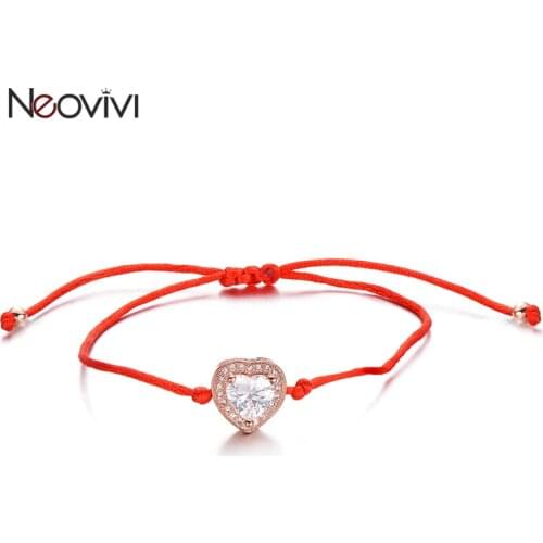 Neovivi Heart Charm Bracelet Micro Pave Big Shiny Zircon Bead Single Rope String Bracelets for Women Girl Romantic Jewelry Gifts