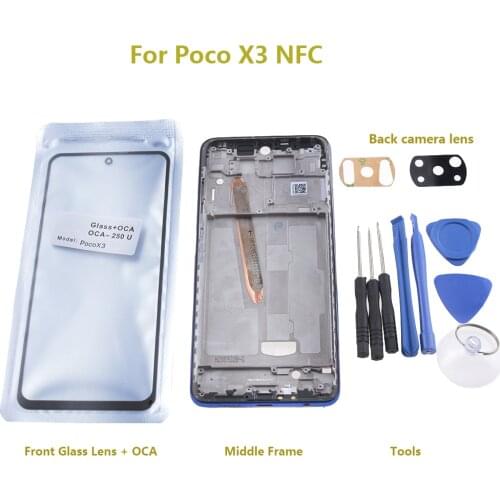 Front Outer Glass with Middle Frame Chassis & Rear Glass Camera Lens For Xiaomi Poco X3 NFC Global Full Housing Case Replacement
