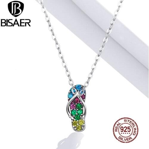 BISAER Flip-Flops Rainbow Zircon Necklace 925 Sterling Silver 45cm Adjustable Long Chain Link For Women Fashion Jewelry ECN408