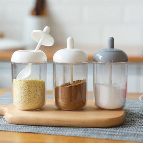 Glass Airtight Jar Spice Container Bottle Condiment Salt Pepper Seasoning Storage Bottle Spice Jars with Spoon Lid Kitchen Cruet