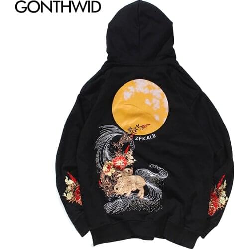GONTHWID Embroidery Animal Flowers Rabbits Print Hooded Sweatshirts Harajuku Fashion Pullover Hoodies Hip Hop Casual Streetwear