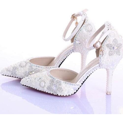 2021 Sexy Pointed Toe Wedding Shoes Fashion White Pearls Genuine Leather Party Prom Heels Ankle Straps Rhinestone Women Pumps