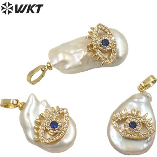 WT-JP259 WKT wholesale fashion gold micropave cubic zircon evil eye freshwater pearl charm pendants irregular cz jewelry pendant