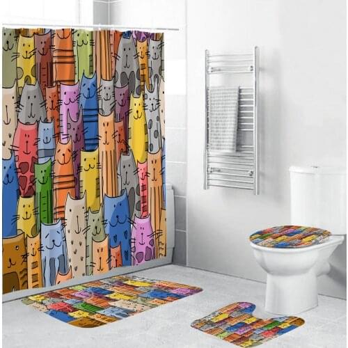 Cute Cat Shower Curtain for Bathroom Decor Funny Waterproof Polyester Bath Curtains Toilet Cover Mat Non-Slip Rugs Carpet