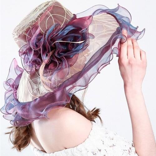 Women Sun Hat Cap Fashionable Summer Organza Floral Ruffles Beach Hat Ladie Wide Large Brim Tea Party Wedding Sun Hat