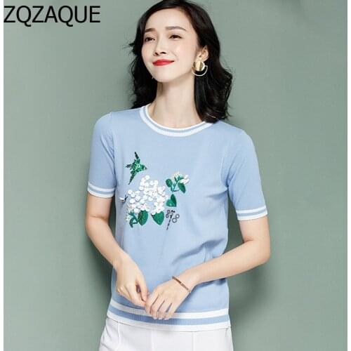 European and American Womens Knitted T-shirts Ladys Fashion Luxury Sequined Floral and Bird Pattern Girls Summer Tops SY1434