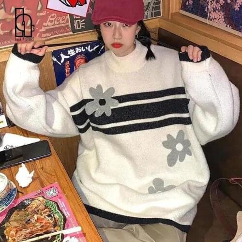 Luck A Womens Pullover All-match Casual Harajuku Ulzzang Japan Jumper Sweaters Women Printed Floral Sweet New Knitted Chic