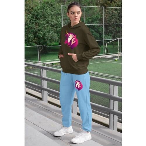 Angemiel Wear Pink Unicorn Women Tracksuit Set Green Hooded Sweatshirt Blue Sweatpants