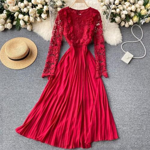 2021 Spring New Solid Dresses Sweet Women Lace Hollow Out Party Maxi Dress Long Sleeve A Line Chiffon Dress Bodycon Vestidos