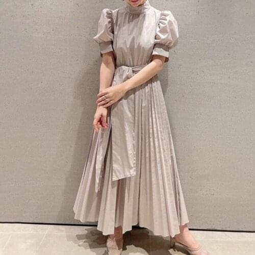 2021 Spring Cotton Slim Waist Thin Dress New Summer Elegant Long Skirt Women Fashion Puff Sleeve Sweet Lady Solid Pleated Skirts