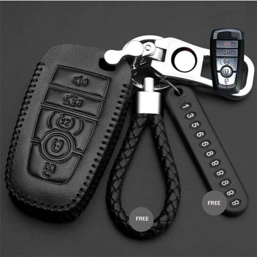 1 X Genuine Leather Car Smart Remote Key Case Keychain Cover Holder Skin For Ford F-150 Fusion Edge Explorer Mustang Accessories
