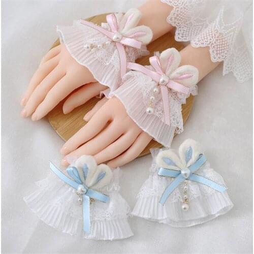 1pair Sweet Lolita Girl Rabbit Ear Hand Wrist Cuffs Bowknot Lace Trim Maid Cosplay Accessories B1872
