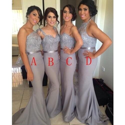 Free shipping Wholesale Silver Chiffon Beaded Lace Mermaid Cheap Bridesmaid Dresses Long With Sash Best Selling