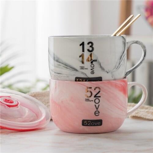 600/800ml Student Instant Noodle Big Cup Creative Ceramic Oatmeal Bowl with Lid Breakfast Cup Marble Milk Coffee Mug