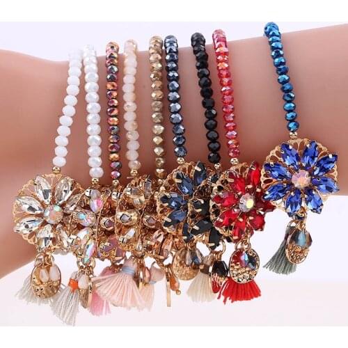 Sehuoran Bracelets & Bangles For Woman Copper Shell Crystal Bead With Crystal Stone Tassel Bohemian Adjustment Crystal Bracelets