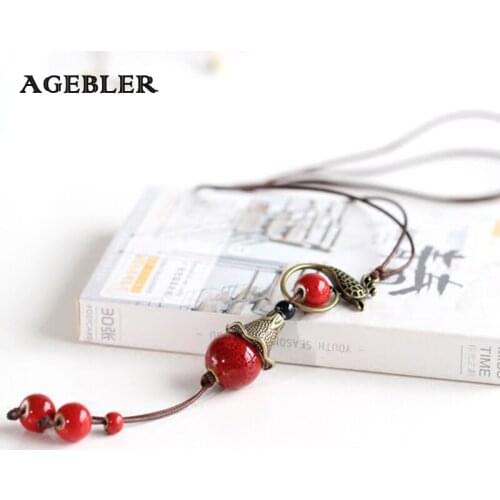 Boho Style Handmade Red Beads Long Ceramic Tassel Necklace for Women Pendant Vintage Natural Porcelain Statement
