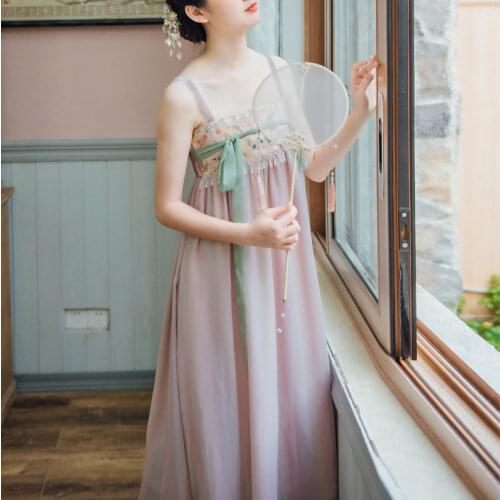 Chinese Clothes Hanfu Pink Fringed Embroidery Dress Modern Hanfu China Style Suspender Skirt Fairy Dress Summer Girls Cardiga
