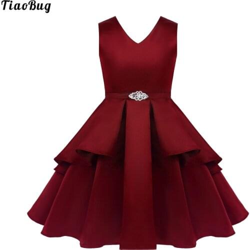 TiaoBug Summer Lovely Flower Girl Dress Solid Color Sleeveless Satin Fabric Dress With Brooch Belt For Wedding Party Birthday