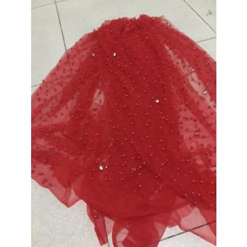 Fashionable lots of beads with High Quality JRB-02582 African French Lace Fabric Embroidered tulle net lace in red color