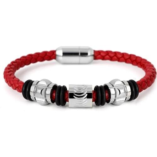 Fashion Punk Style Black Red Brown Genuine Leather Bangle Stainless Steel Magnetic Buckle Punk Silver Charm Bracelet Mens Gift