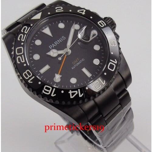 PARNIS 40mm PVD Plated GMT Hand Date Indicator with Magnifier Rotiated Bezel Business Automatic Mens Watch