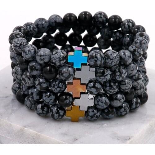 Natural Stones New Arrival! CROSS Hematite Beads With Snowflakes Elastic Bracelet for Mens Gift Stretch Charm Mala Jewelry