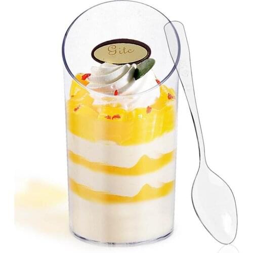 Disposable plastic tableware 2.5oz oblique round cup 24pcs plastic transparent dessert cup with spoon Party wedding supplies