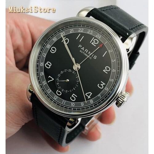 Parnis 2019 new top mens automatic mechanical watch 42mm silver case black dial GMT arab mark date window leather mens watches