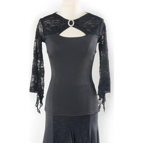 Modern ballroom sexy lace Latin dance clothes top for women/female/girl adult long-sleeve o-neck costume performance upperwear