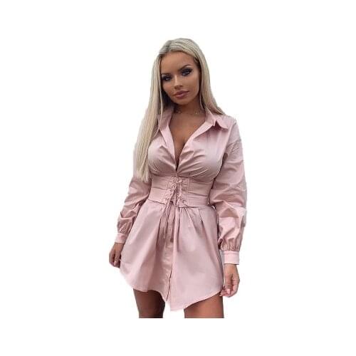 Sexy Lady Elegant Long Sleeve Shirt Dress With Corset Belt Casual Lace Up Deep V Neck Bandage Party Club Midi Women OL Vestidos