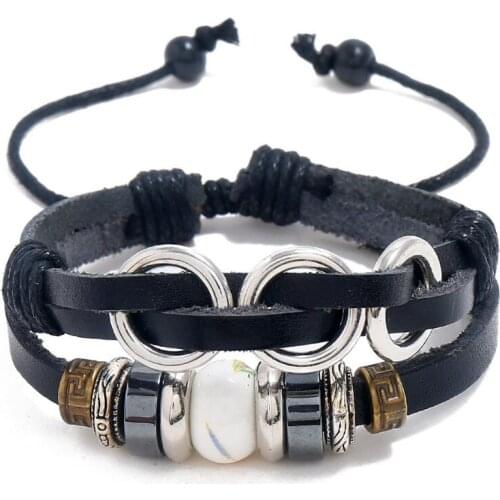 Casual Fashion Black Round Beads Charm Leather Bracelet Alloy Retro Wrap Handmade Bangle Wristbands Unisex Vintage Punk Jewelry