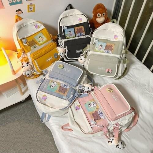 Cute Badge Pin Fashion Female Backpack Contrast Color All-match Student Schoolbag Nylon Waterproof Large-capacity Travel Bags