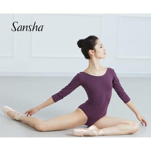 Sansha Womens Long Sleeve Leotards Deep Round Back Cotton Lycra Simple Design Adult Ballet Dancewear Gymnastics Leotard C159SC