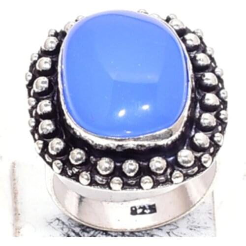 Genuine Blue Chalecedony Ring Silver , Hand Made Women Jewelry gift. Size : All Size , GRP-R